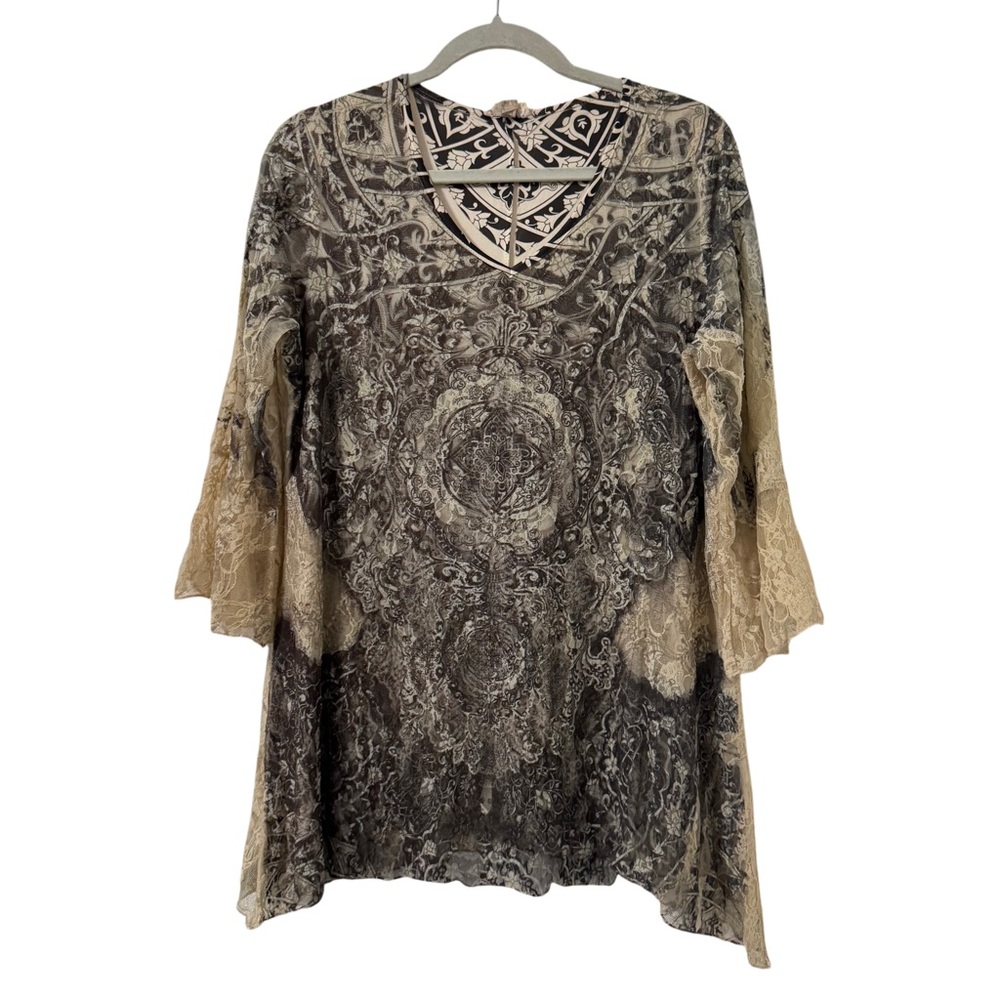 Brittany Black Womens Grunge Lace Dark‎ Boho Bell Sleeve Tunic 1X  Whimsical